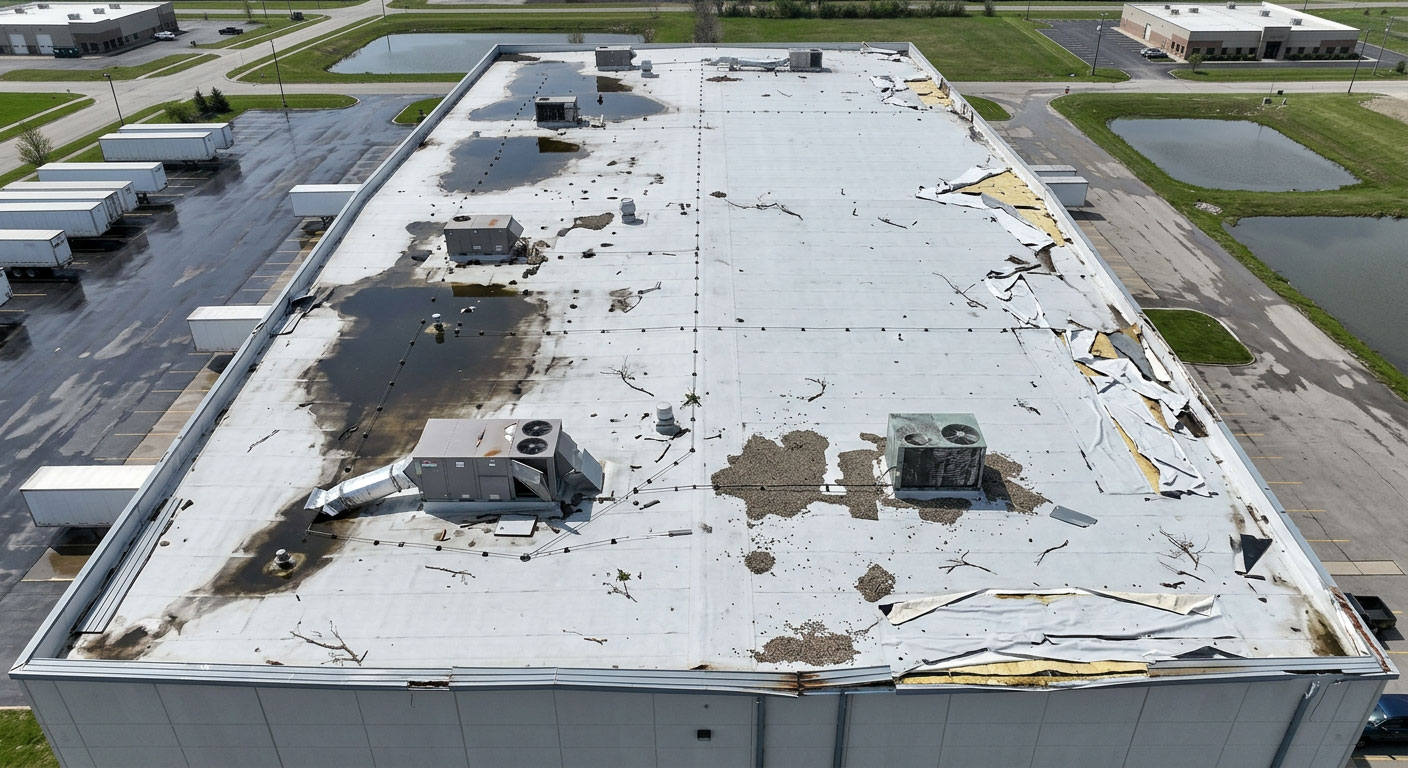 Aerial drone view of large commercial roof — Atlas Industrial Imaging inspection Central Illinois