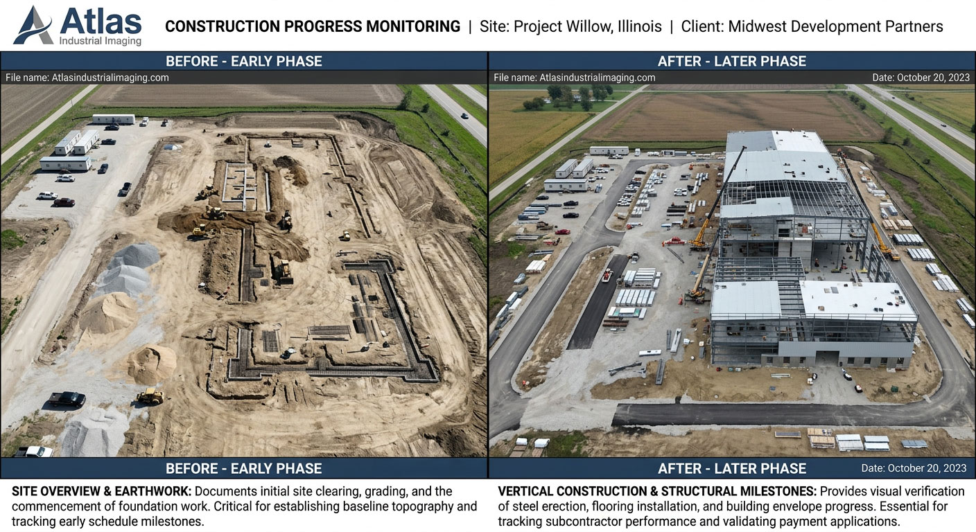 Aerial drone view of active construction site — construction progress monitoring Central Illinois
