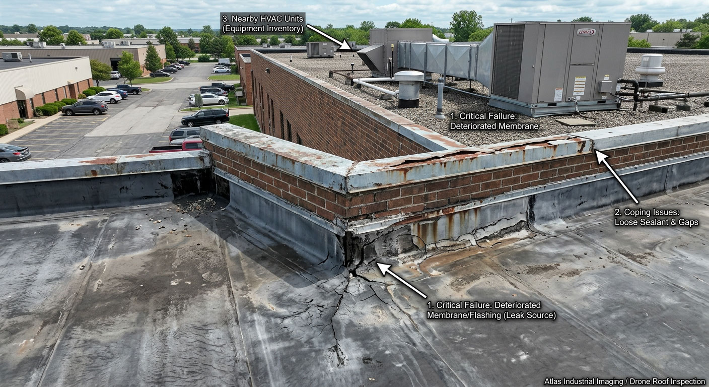 Drone view of commercial roof edge and parapet wall condition