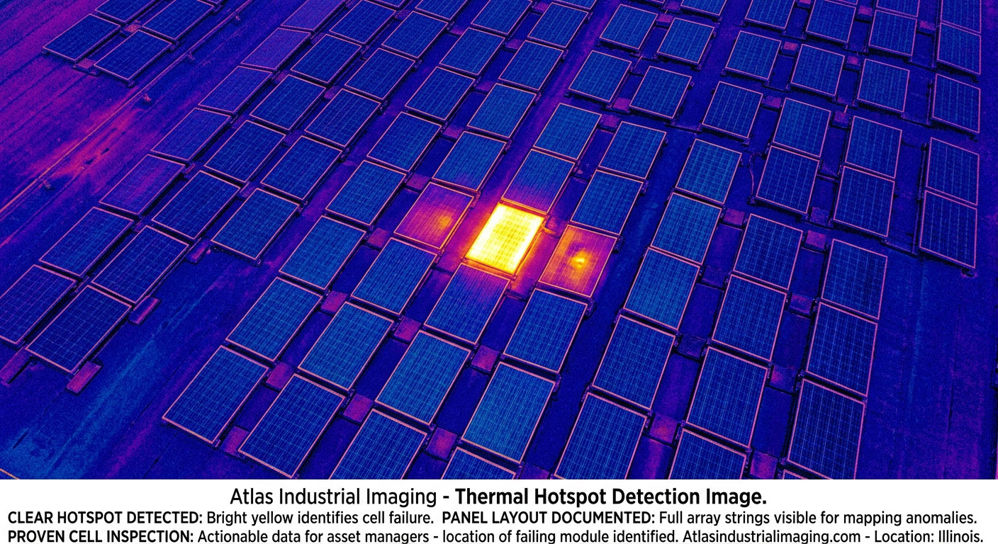 Thermal drone image of commercial solar array showing hot spot anomaly — solar thermal inspection Central Illinois
