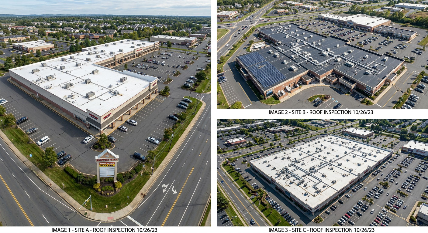 Aerial drone view of large warehouse roof — commercial roof inspection Central Illinois