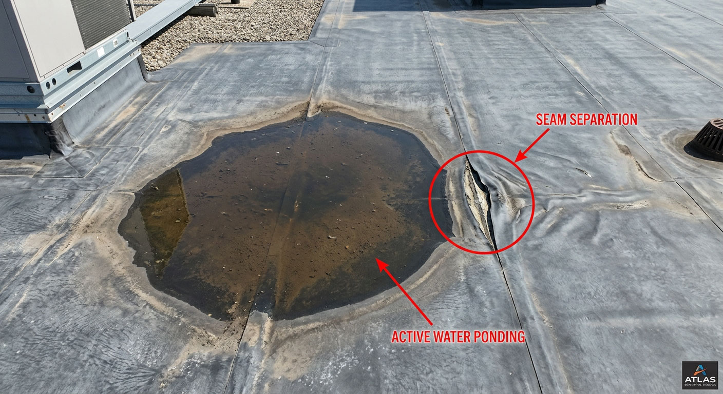Aerial documentation of roof drainage and ponding conditions on commercial building
