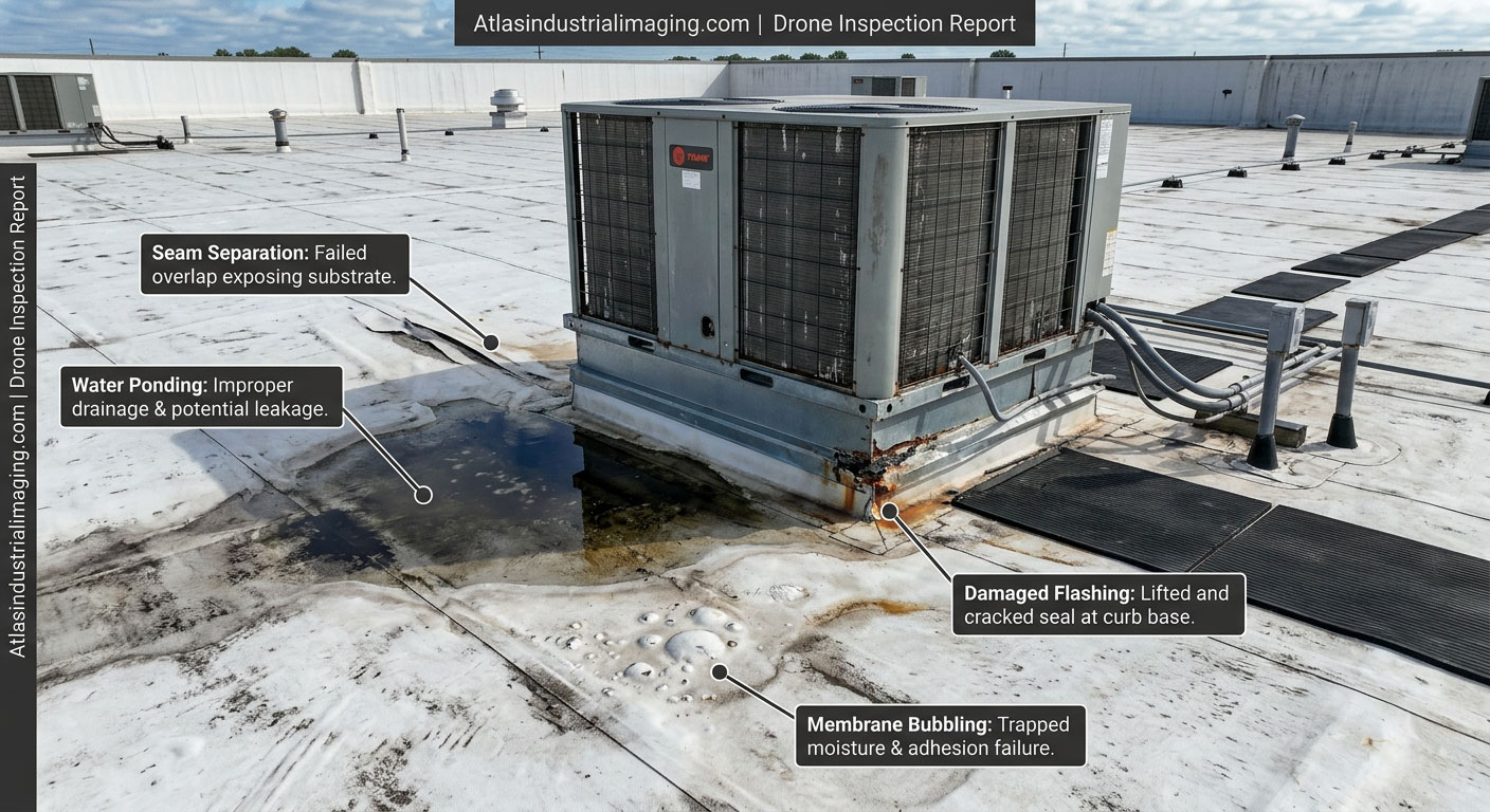 Drone inspection of commercial roof HVAC units and rooftop penetrations