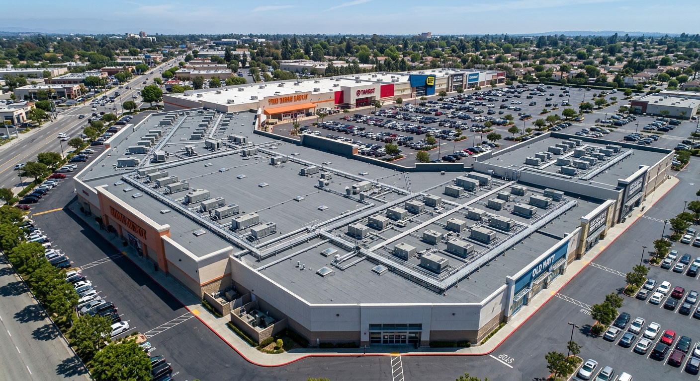 Drone nadir view of flat commercial roof system — Central Illinois inspection